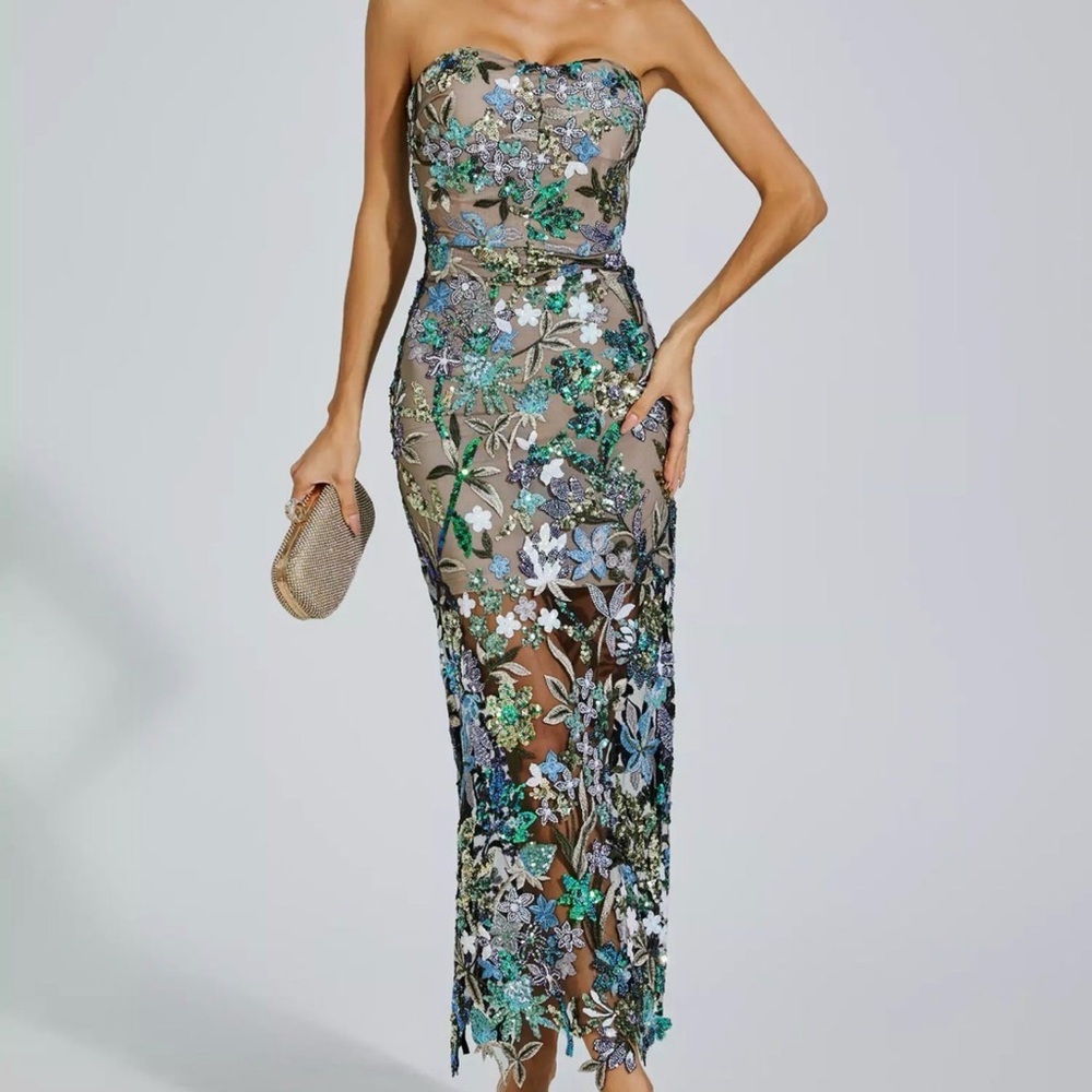 Floral Sheer Sequin Embellished Strapless Dress